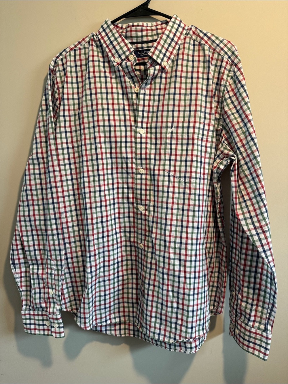 Nautica Men’s Long-Sleeve Plaid Button-Down Shirt in White, Red, Green, Navy